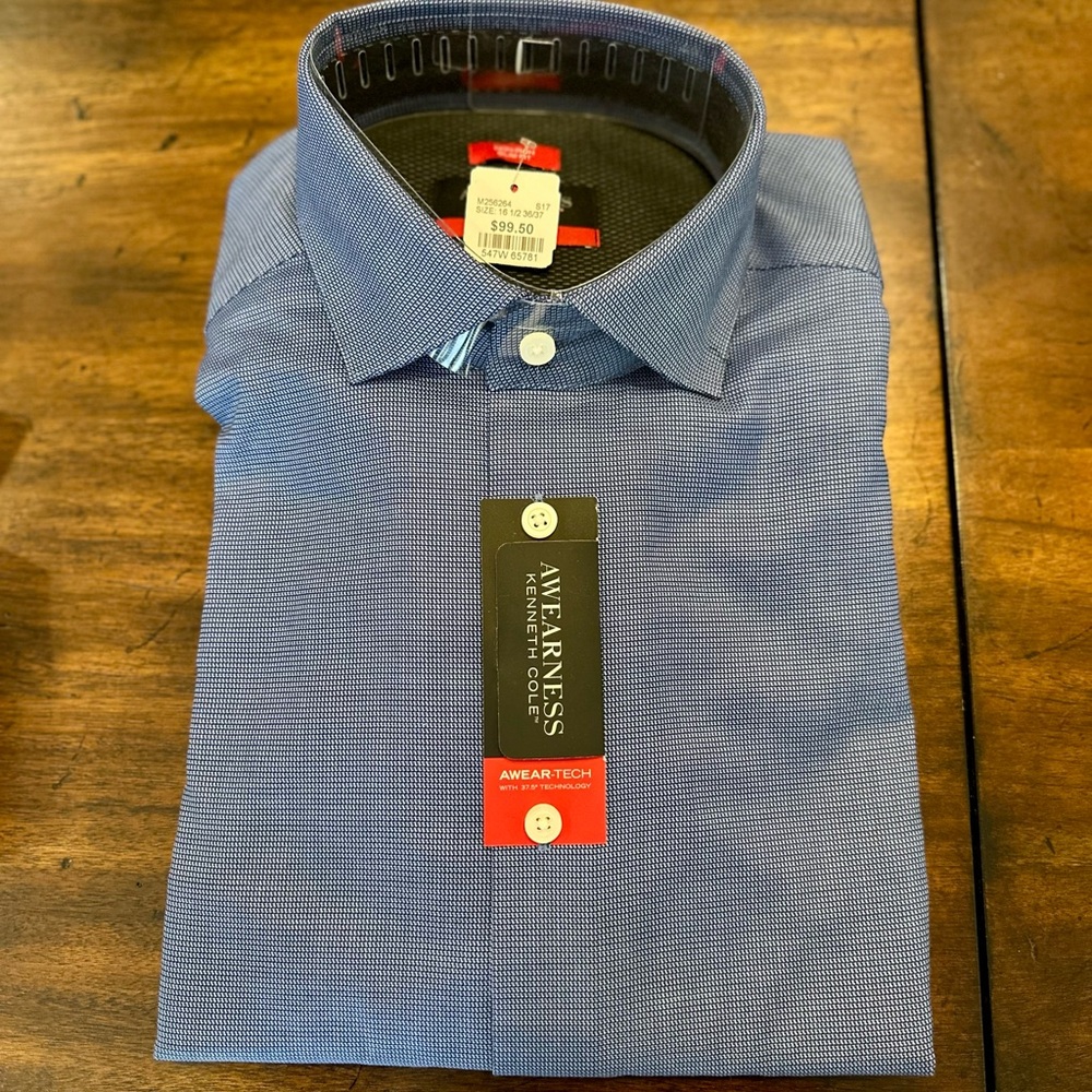 Awearness Kenneth Cole Slim Fit AWEAR-TECH Blue Long Sleeve Size 16.5 Tall